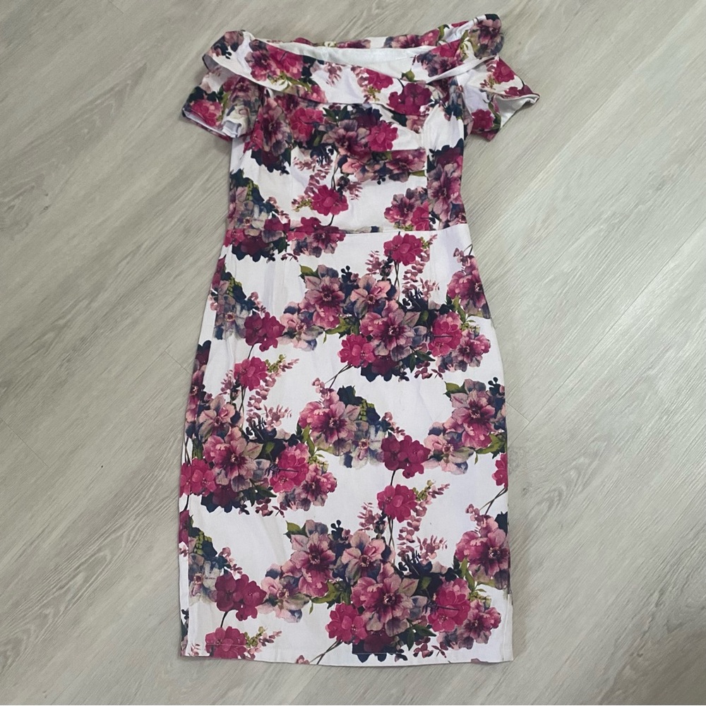 Belle Poque M Women White Dress Pink Floral Rockabilly Sheath Off Shoulder